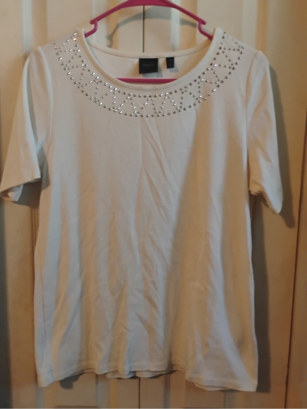 Rafaella White Short Sleeve Top with Metallic Studded Collar Size L